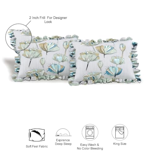 Image of King Size Fitted Bedsheet for Double Bed | 300 TC Cotton Feel Microfiber | All Around Elastic with 2 Frill Pillow Covers | Soft & Durable | (FloralWhiteFrill, Fitted - Double72x72)