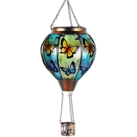 pearlstar Hot Air Balloon Solar Lantern with Flickering Flame Light Outdoor Solar Hanging Lights Waterproof for Garden Yard Farmhouse Patio Pathway Outside Decoration,Glass(Butterfly) Cover