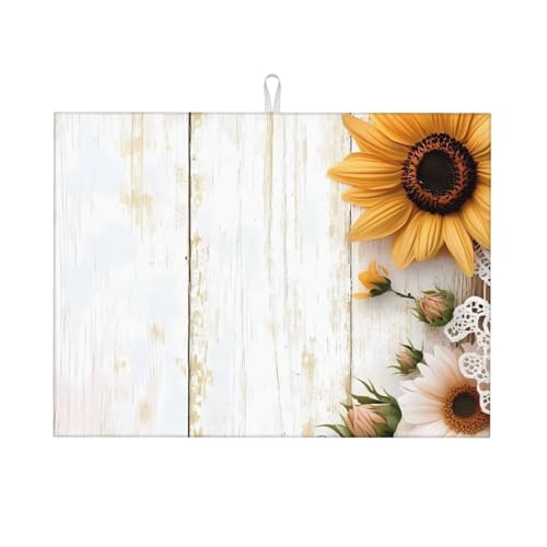 Tapetes de secado con diseño de girasoles y vetas de madera para encimeras de cocina. Escurreplatos de microfibra ultraabsorbentes para encimeras y fregaderos de 45 x 60 cm.
