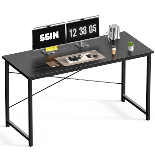 Image of DUMOS 55 Inch Computer Desk for Home Office, Modern Study Work Table Simple Style for Bedroom Small Space, Large Writing Desks with X-Shaped Reinforcement, Black