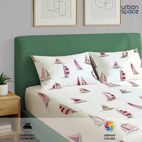 Image of Urban Space 144 TC Divine 100% Cotton Bedsheet for King Bed, Cotton Bedsheet with 2 Pillow Covers (Size 108 x 108 inches, Ocean Boats Maroon, King Size)