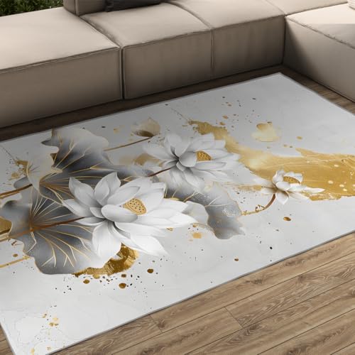 Tapis floral botanique motif lotus imprimé feuille grise chic - 2