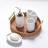 RQYIXI Elegant 4 PCS Ceramic&Wood Bathroom Accessories Set:Soap Dispenser,Toothbrush Holder,Tumbler,Soap Dish,Easy to Clean,Quatrefoil Pattern,White-Affordable Luxury for Home Decor Enthusiasts #5