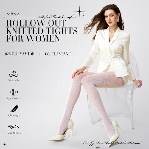 MANZI Women's Hollow Out Knitted Patterned Tights White Lace Fishnet Stockings Vertical Strips Pantyhose with High Waist