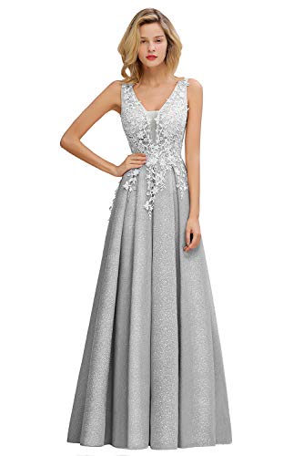 MisShow 2020 Deep V Neck Long Evening Prom Dress A Line Lace Tulle Glitter Jersey Formal Party Gowns for Women Formal Event Silver Size4