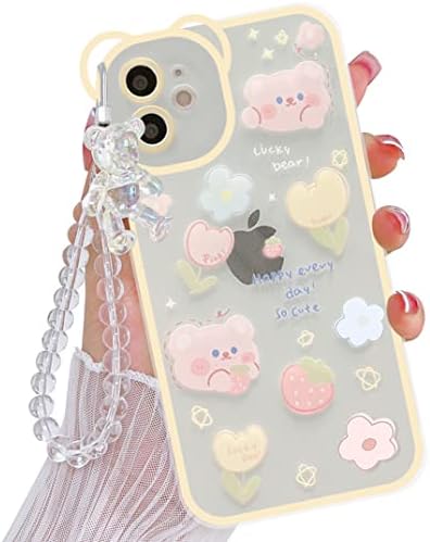 SZXYCZL Compatible with iPhone 11 Case Cute Cartoon Floral Bear with Transparent Bear Bracelet Chain Design for Women Girls Kawaii Slim Soft TPU Transparent case for iPhone 11 6.1 inch-Yellow