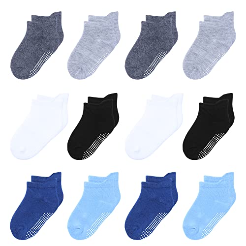 12 Pack Non Slip Kids Toddler Baby Socks with Grips 1-7 Years Boys Girls Cotton Ankle Socks Multi Colors