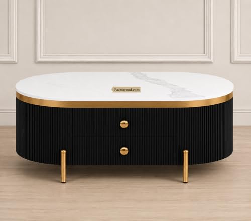 Image of Tesla Centre Table, 42x24x18 Inch, Nano Composite White Marble Top, Gold Accents, 2-Drawer Storage, Oval Design, Waterproof Plywood, PVD Legs, Modern Coffee Table for Living /Entryway