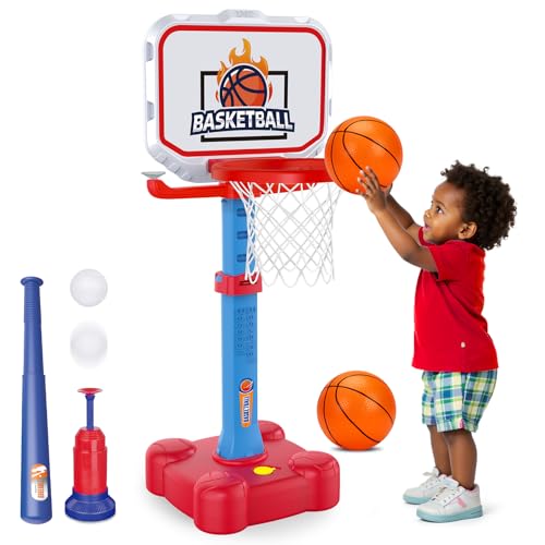Tsomtto 4 in 1 Kids Basketball Hoop & T Ball Set Indoor Outdoor Toys for Toddlers 1-3 Adjustable Toddler Pool Basketball Hoop Goal Sports Outside Play Toys for 1 2 Year Old Boys Girls Birthday Gifts
