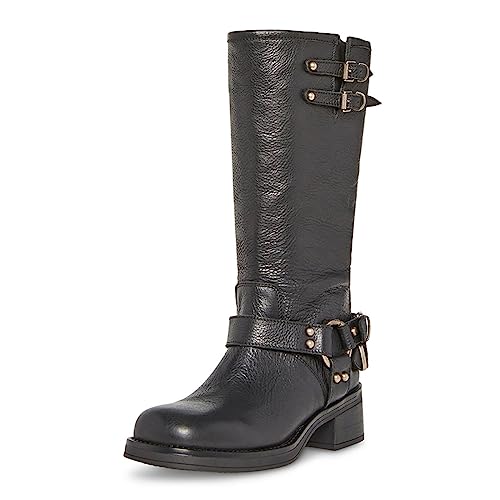 FSJ Women Buckle Straps Riding Mid Calf Boots Round Toe Chunky Block Low Heel Fashion Design Winter Combat Motorcycle Shoes Size 4-15 US