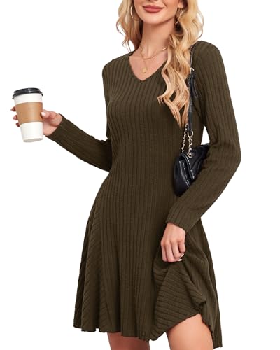 SENBATU Strickkleid Damen Herbst Elegant Pulloverkleid Langarm V-Ausschnitt Winterkleider Einfarbig Dunkel Braun Mittel