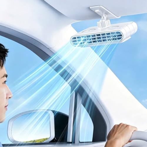 IXPIUZB Ventilador Con Clip Para El Parasol Del Coche, Ventilador De Coche Ajustable Con Rotación De 360° 5 Velocidades, Recargable Por USB, Batería De 3000 Mah Para Camping Playa Transporte (White)