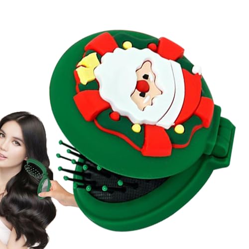 ポータブルヘアブラシ | サンタスノーマン柄ポケット折りたたみヘアブラシ、トラベルブラシラウンドコンパクトマッサージコーム、ポケットパース用ヘアスタイリングツール