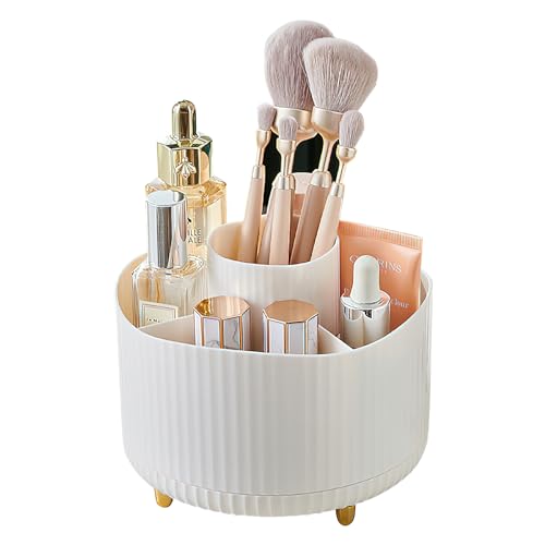 DRILBUR Makeup Brush Holder Organizer,360° Rotating Makeup Brush Organizer,5 Slot Make up Brushes Cup for Cosmetics, Nail Polish, Art Supply, Bathroom Vanity Desktop Organizer(Cream)