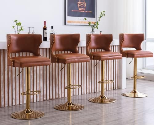 EALSON Leather Bar Stools Set of 4 Swivel Counter Height Barstools with Back Adjustable Bar Chairs with Gold Base Modern Upholstered Kitchen Island Stools for Home Bar Dining Room, PU Brown