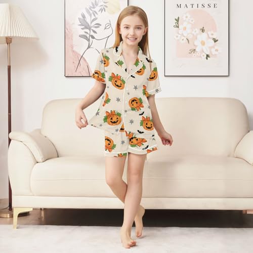Satin Pajama Sets Short Sleeve Pumpkin Pattern with Bats Stars Button Down Silky Nightwear 2 Piece PJS 5-14Y3