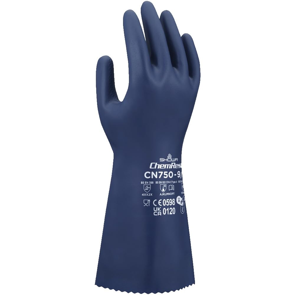 SHOWA CN750, Gant de protection chimique (Eco Best Technology), nitrile non supporté avec intérieur floqué pour faciliter l'enfilage, finition avec motif vagues pour une prise, Tailles M