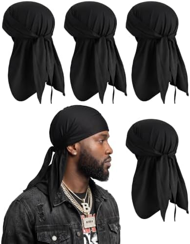 Hercicy 4 Pack Cooling Durags for Men Modal Summer Neck Sun Protection Elastic Cycling Bandana Cap Wicking Helmet Liner(Classic,Black)