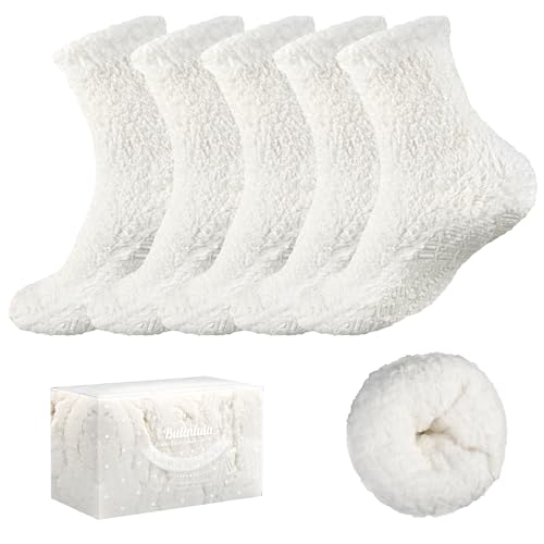 Image of Bulinlulu Fuzzy Socks With Grips for Women, 5 Pairs Non Slip Sleep Warm Fluffy Slipper Socks Gifts for Women