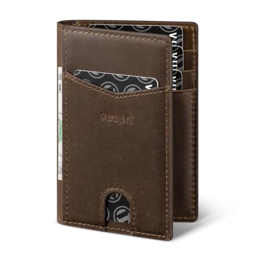 Image of VULKIT Bifold Front Pocket Slim Wallet RFID Blocking Minimalist Thin Genuine Leather Credit Card Holder Wallet for Men and Women Dark Brown