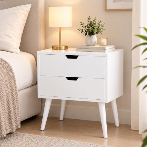 Image of Brown Art SHOPPEE 2-Drawer End Side Table with Drawer and Solid Wood Legs, Bedside Table for Bedrooms, Mid-Century Modern Drawer Storage Cabinet for Bedroom & Furniture (Full White)
