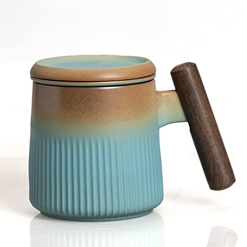 Keramik Teetasse mit Deckel,12.6oz Teebecher mit Holzgriff, Farbverlaufsmalerei und Geschenkverpackung (Grün) Cover