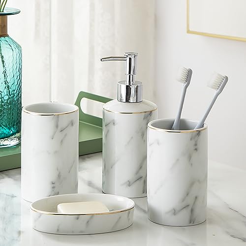 Juego de dispensador de jabón de cerámica blanca, accesorios de baño con soporte para cepillo de dientes, jabonera y taza, ideal para apartamentos y hoteles, elegante y funcional