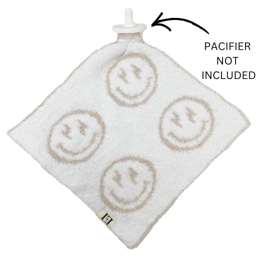Image of L+L USA Smiley Face Baby Lovey Pacifier /Teether Holder 10 inchx10 inch - DreamSoft Plush Fluffy Cuddly Soothie Reversible Mini Comfort Blanket - Cute Newborn Gift Essential Babies Boys Girls (Tan /White)