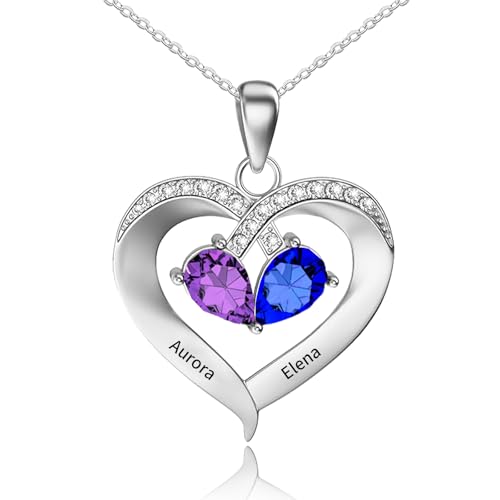 925 Sterling Silver Custom Birthstone Name Necklace Engraved Heart Charm with Your Names - Ideal Gift for Women Mother’s Day Anniversaries College Graduation