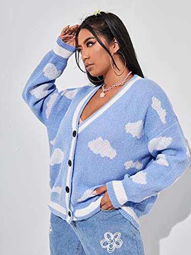 Makemechic Women's Plus Size Graphic Print Button Front V Neck Cardigan Sweater Blue And White 2Xl #TOP3