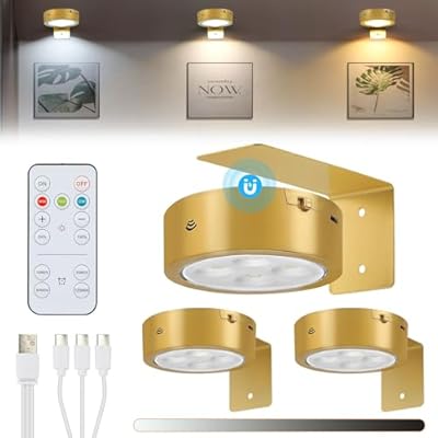Glighone 3Pcs Rechargeable Picture Lights,Battery Operated Wall Lights for Pictures with Remote Dimmable and Timer, 3 Lighting Modes Wireless Art Display Light for Picture Frame Paintings-Gold