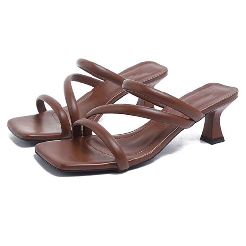 MELGONMG Women Strappy Square Toe Kitten Heel Slides Sandals Fashion One Word Comfortable Wide Open Toe Low Heels Dress Mule Slippers For Wedding Party (Brown,4.5)