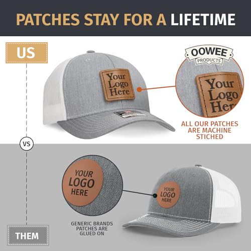 Oowee Products Custom Leather Patch Richardson 112 Trucker Hat, Cotton/Polyester Mesh, Snapback Closure, Handcrafted in USA (12, Khaki/Coffee) - Image 2
