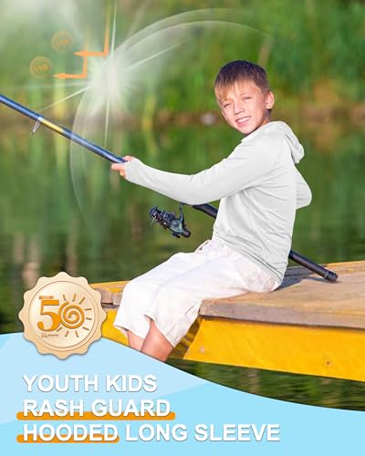 Roadbox Boys Rash Guard Hooded Shirt, Kids UPF 50+ Long Sleeve Hoodie, Youth UV Sun Protection Fishing Beach Shirts3