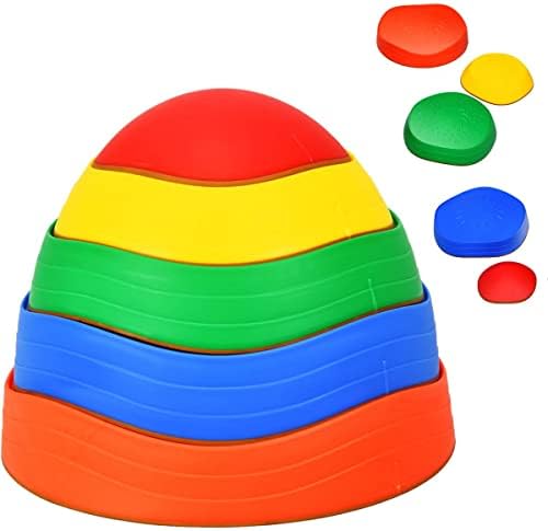 Maxmass Stepping Stones for Kids, 5pcs Children Balance Stones with Non-slip Texture Silicone Bottom, Promote Coordination, Stackable Rainbow River Stones