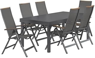 OUTLIV. Gartenmöbel Set Jacob Aluminium Textilene 6 Klappsessel Tisch 200–320x100,5 cm ausziehbar, dunkelgrau anthrazit Holzoptik