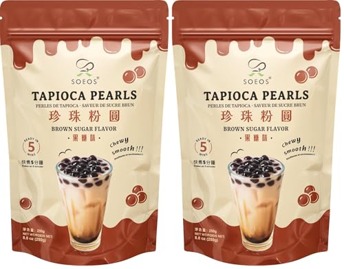 Soeos Boba Pearls, Black Tapioca Pearls 8.8 oz (0.55 lb), Black Sugar Flavor Boba Pearls for Bubble Tea, Smoothies & Desserts – Sweet, Chewy, and Ready to Cook (Pack of 2)