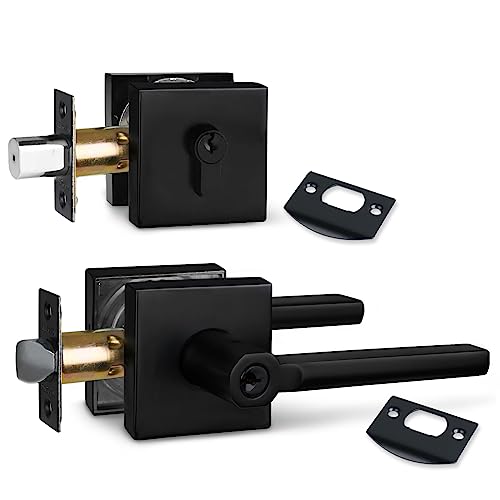 Image of NEWBANG Square Heavy Duty Keyed Entry Combo with deadbolt and Lever Door Handle in Matte Black (for Entrance /Exterior /Front /Office Door) Left or Right Handed