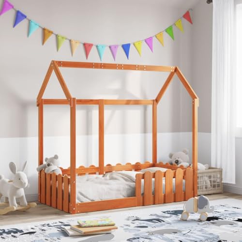 Cama Infantil con Forma de Casita, de Madera de Pino Natural, Diseño Divertido con Barandillas de Seguridad, Cama Infantil Ideal para Habitaciones Infantiles y Juveniles, Color Marrón Cera, 70x140 cm
