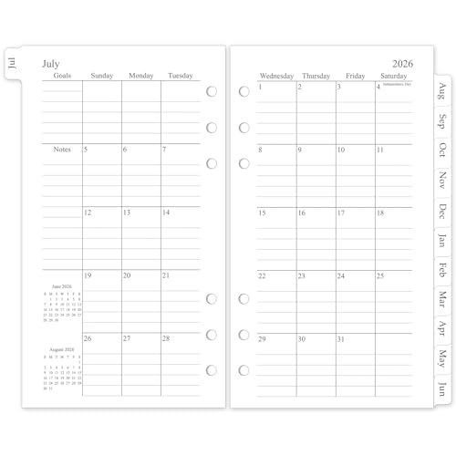 2026-2027 Monthly Planner Refill A6 Small Size Planner Inserts for 6 Ring 3.8x6.8 Jul. 2026 - Dec. 2027 18 Monthly Calendars with Laminated Tabs 6-Hole Punched