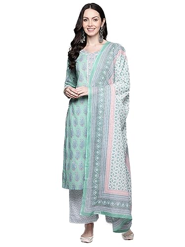 Image of INDO ERA Women's Sea Green Printed Pure Cotton Kurta with Pant & Dupatta Set
