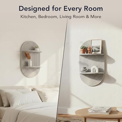 Image of American Art Decor Grey Boho Arched Modular Carved Wall Shelf, Wooden 2-Tier Floating Bookshelf for Wall, Fluted Arch Display Shelf for Bedroom Bathroom Kitchen Living Room Decor, 14 inch x 24 inch