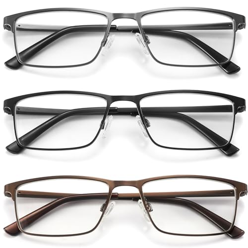 acavefox 3 Pack Blue Light Blocking Reading Glasses Men Readers Anti Glare UV Lightweight and Sturdy Full Frame Metal Spring Hinge Eyeglasses 1.5+