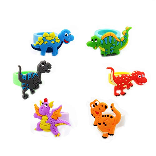 Finduat 24 Pcs Dinosaur Rubber Rings for Party Favors, Dinosaur Rings Cupcake Topper for Dinosaur Party Supplies