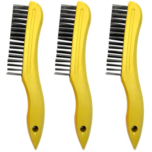 Image of 3 Pack Wire Scratch Brushes with Plastic Shoe Handle and 4-Row Heavy Duty Steel Bristles for Removing Paint Stains Rust Corrosion Welding Slag and More