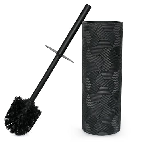 Image of Matte Black Geo Design Resin Toilet Bowl Holder and Brush Set, Stylish Geometric Design with Durable Bristles, Compact and Modern