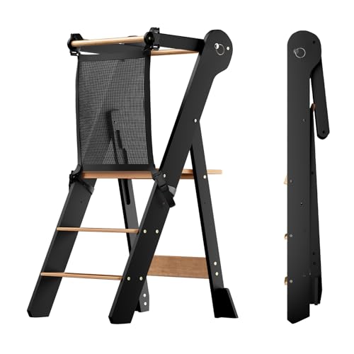 COSYLAND Foldable Toddler Kitchen Stool Helper - Height Adjustable Standing Tower for Bathroom Sink or Kitchen Counter - Step Stool for Toddlers Ages 18 Months to 6 Years Black & Natural