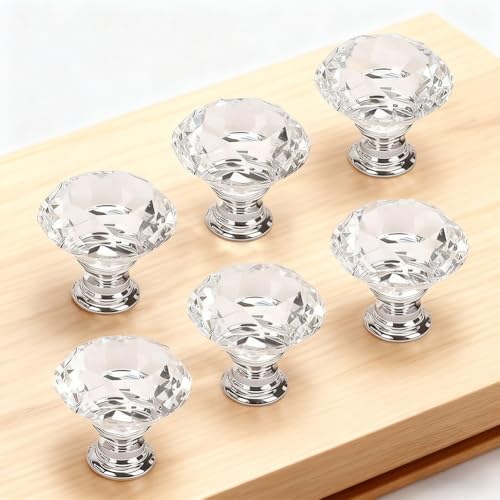 6Pcs Crystal Cabinet Knobs,30mm Cabinet Knobs Pull Handles,Clear Diamond Shaped Knob-Silver