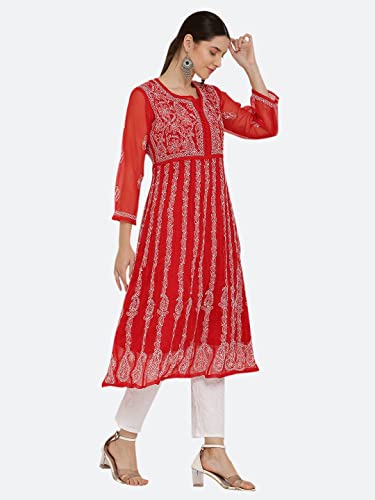 Image of FAWOMENT Women's Georgette Yok Anarkali Kurta with Intricate Lucknowi Chikankari Fine Hand Crafted Embroidery