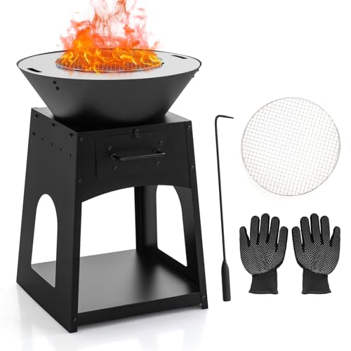 COSTWAY Heavy Duty Fire Pit, 60cm Large Wood Burning Fire Bowl with Fire Poker, Gloves, Grilling Rack and Storage Compartment, Metal Firepit Brazier Grill for Gathering & BBQ